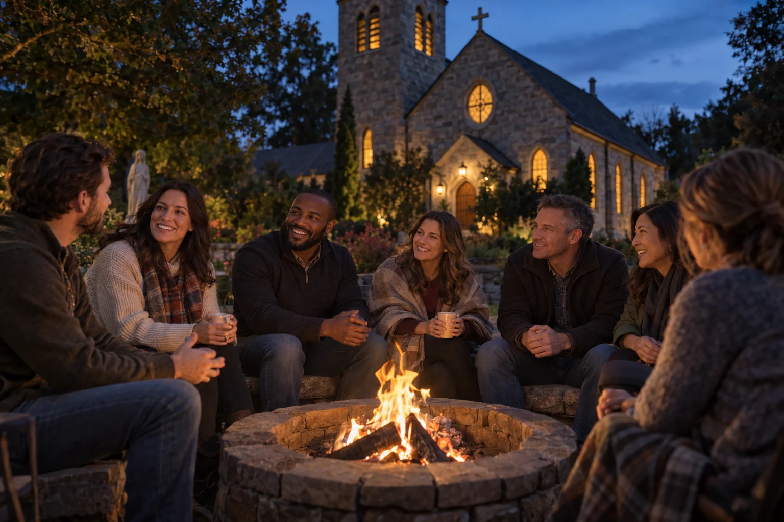 A welcoming group gathered around an outdoor fire beside a stone church at dusk